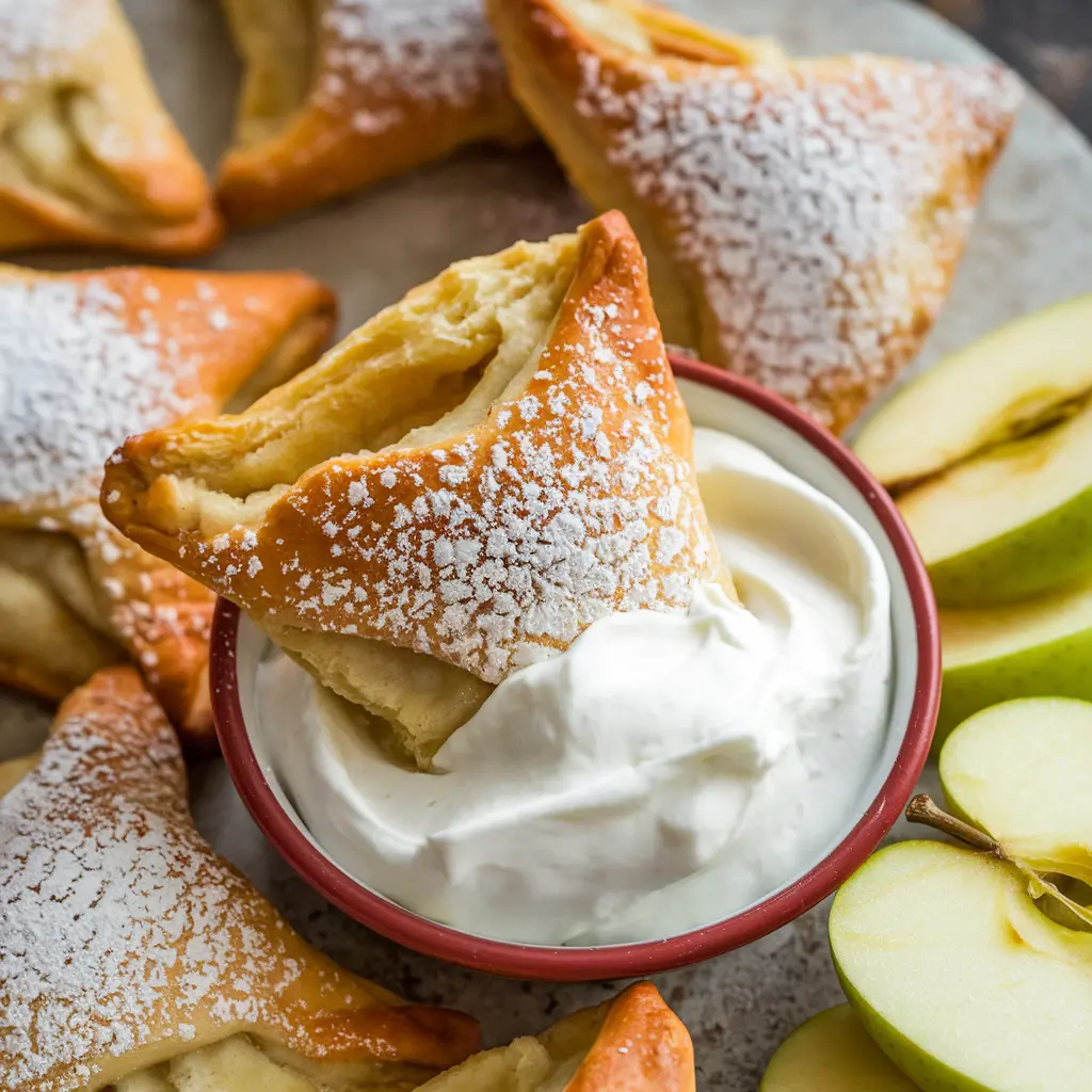 Warm apple turnovers plated with ice cream and caramel drizzle.