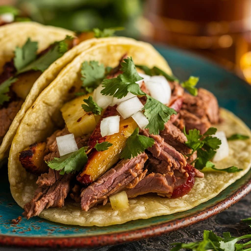 Tacos al pastor with caramelized pineapple and cilantro.