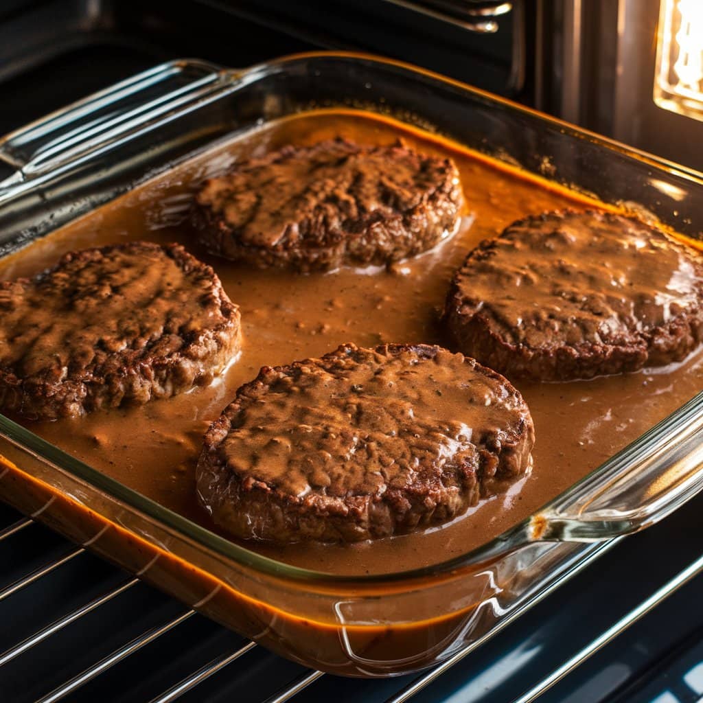 Salisbury steak baking in an oven dish with gravy