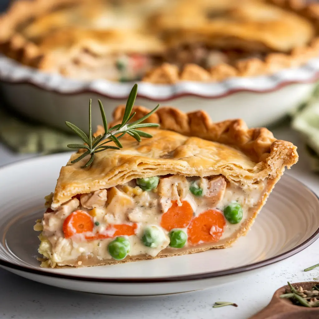 A hearty slice of chicken pot pie paired with a crisp green salad.