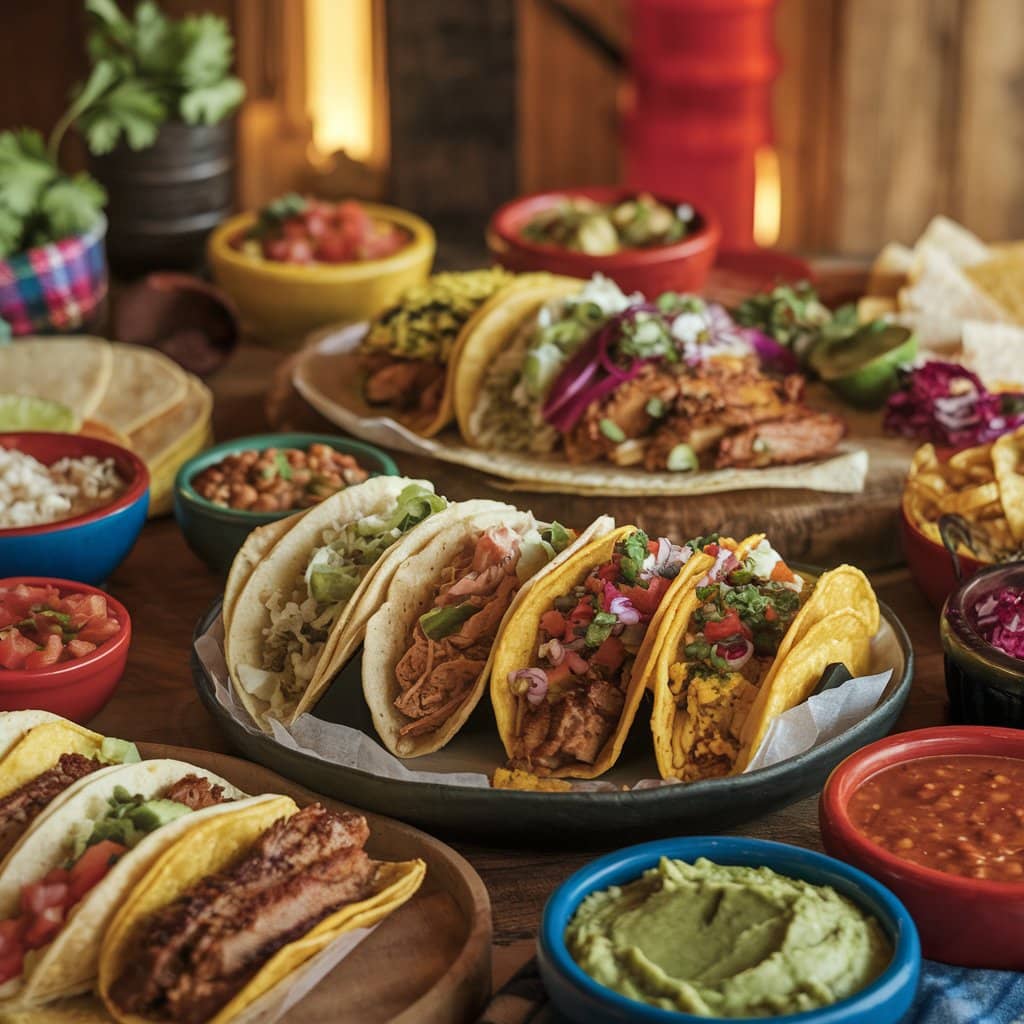 A table filled with different types of tacos and side dishes.