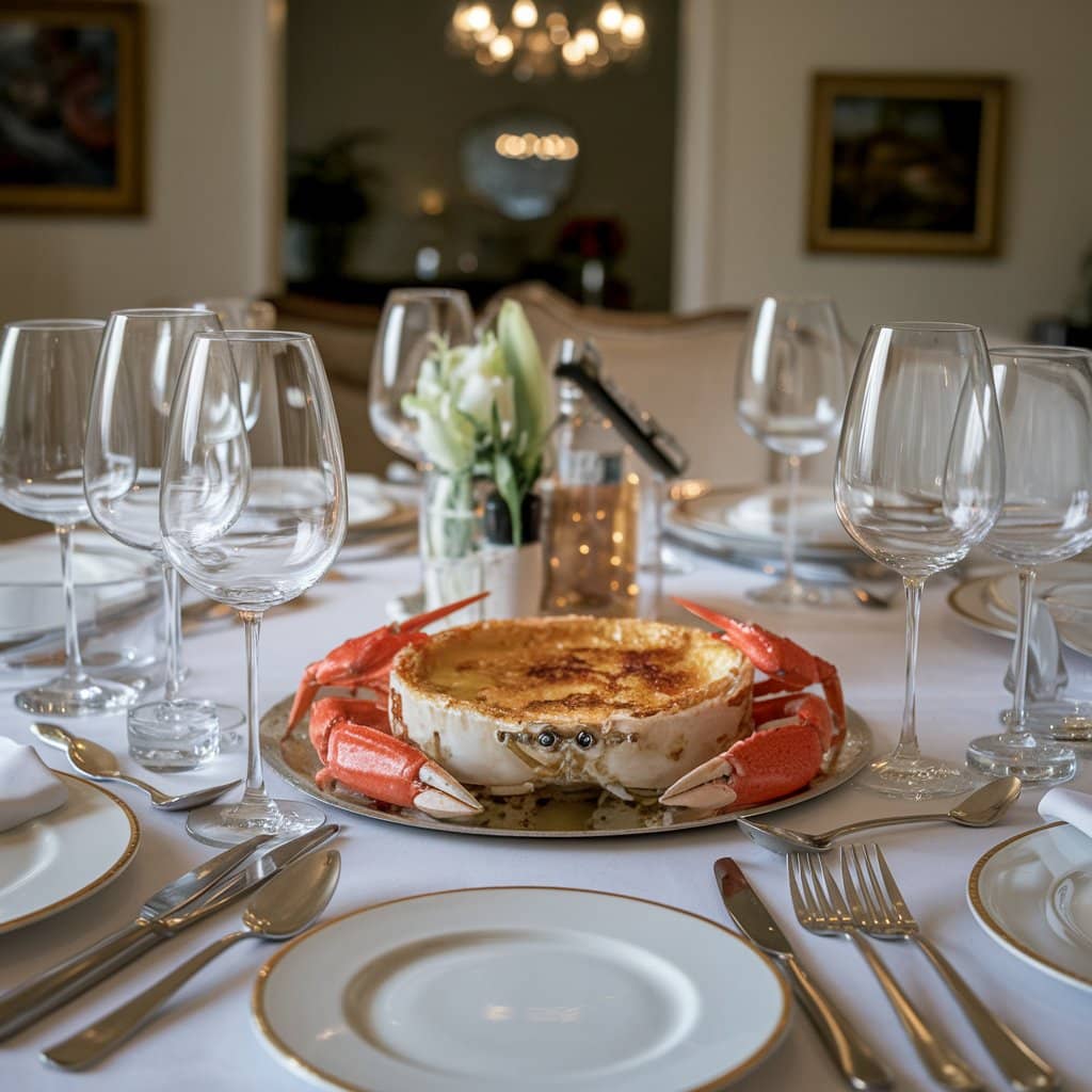 A beautifully styled dining table featuring crab brulee recipe