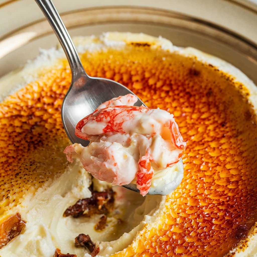 Highlights the creamy texture of the dish. crab brulee recipe