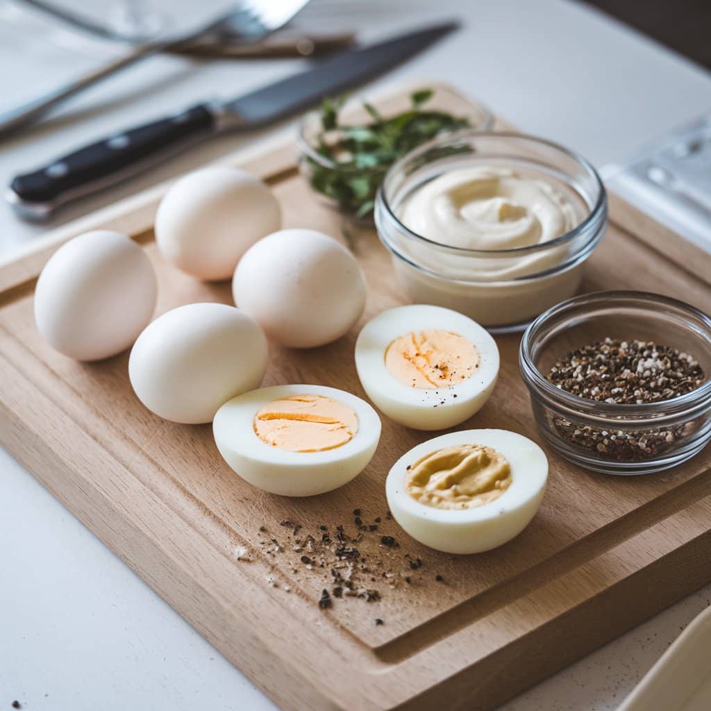 What Does Egg Salad Contain? Ingredients for egg salad on a cutting board.