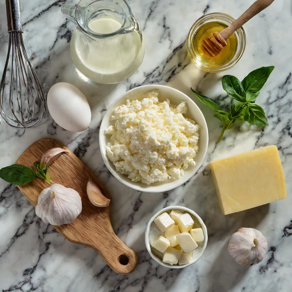 Ingredients for Cottage Cheese Alfredo Sauce laid out on a countertop.