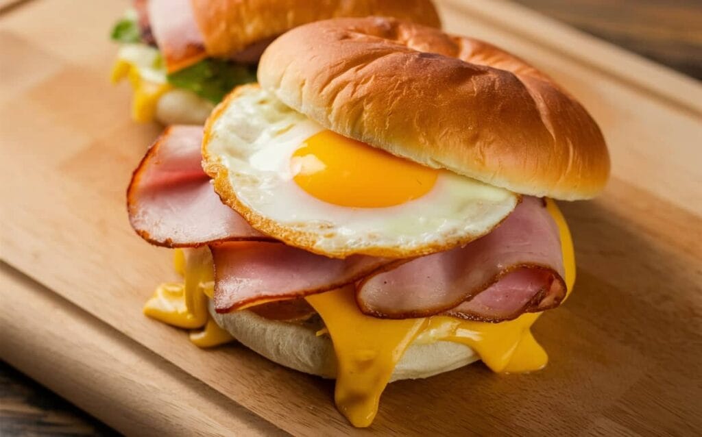 The individual ingredients of a Breakfast Jack displayed on a cutting board.