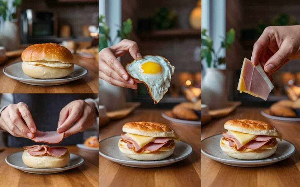 Hands assembling a homemade breakfast jack in a kitchen.