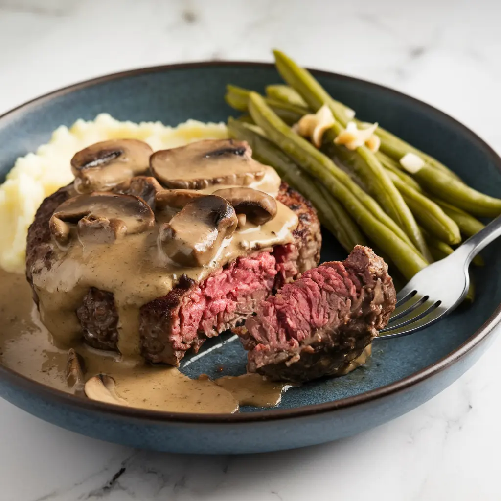 Salisbury steak with mushroom gravy served on a white plate.