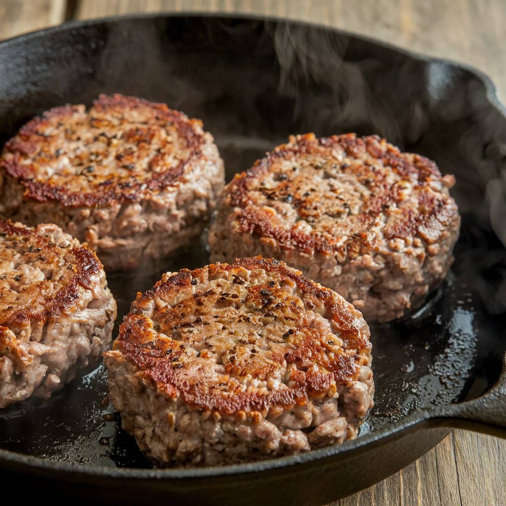 Frying Salisbury steak binding tips in a cast-iron skillet