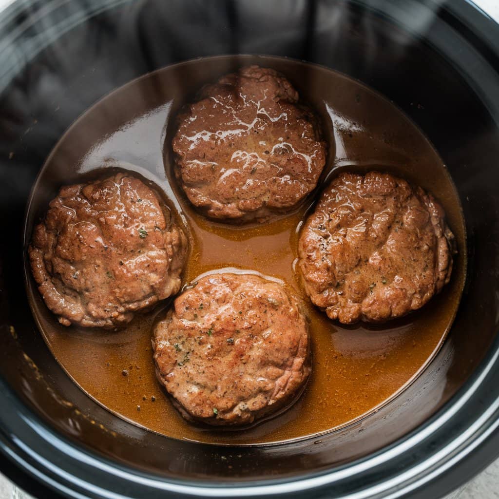Slow cooker with Salisbury steaks cooking in gravy