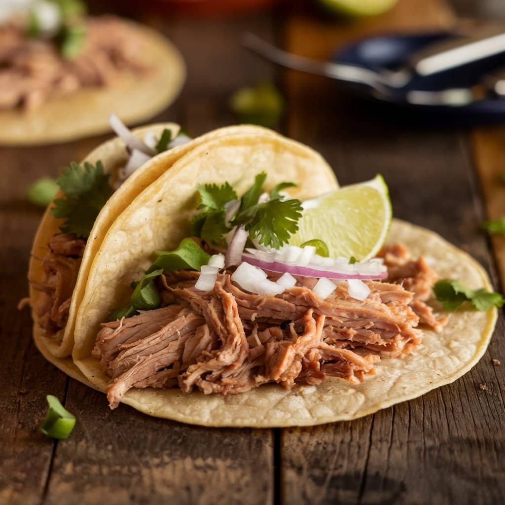 A carnitas taco topped with fresh onions and cilantro: Difference Between Carnitas and Al Pastor Tacos?