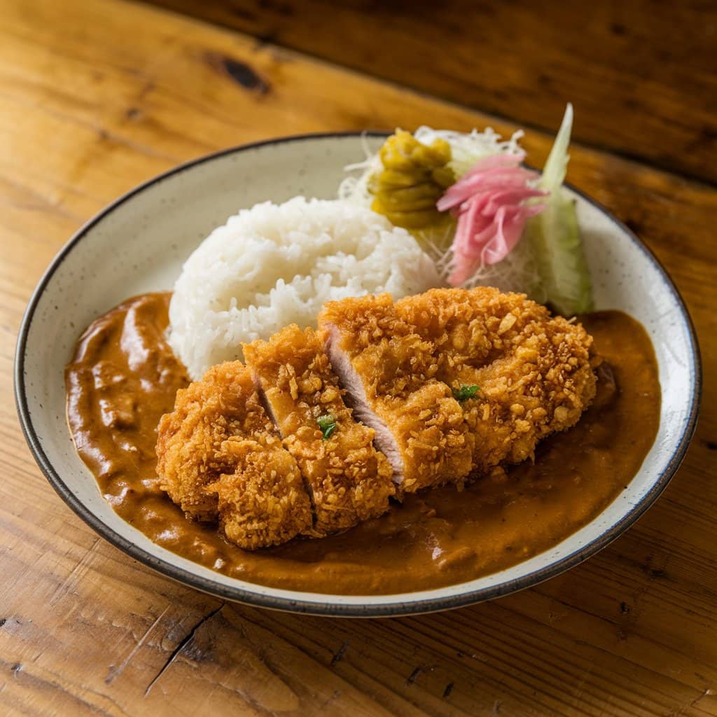 What Is the Difference Between Curry and Katsu Curry? A rich, spiced Indian curry served with naan bread.