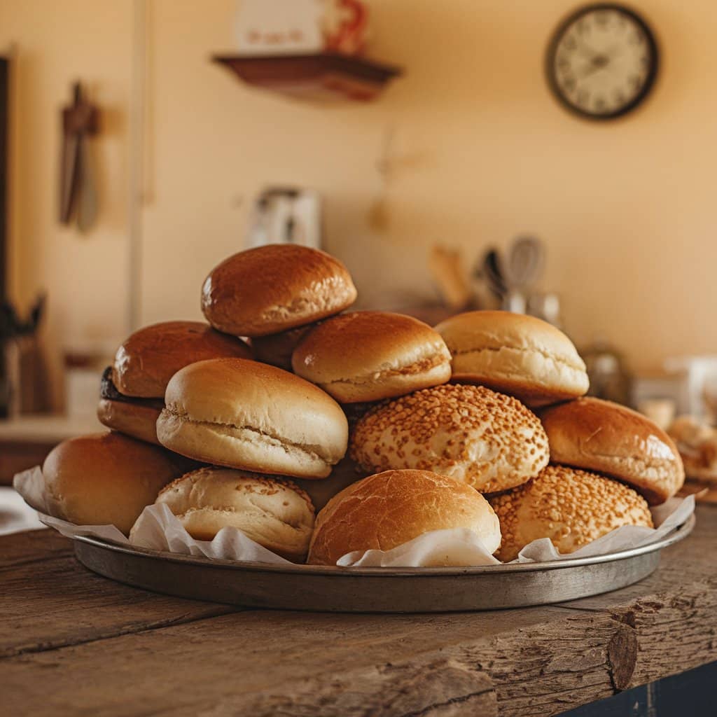 Freshly baked buns displayed on a tray: What is the Difference Between a Bun and a Dinner Roll?