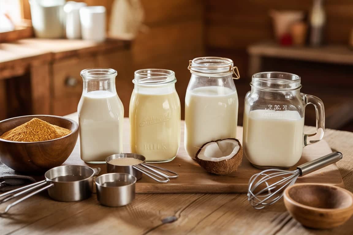 Different types of milk arranged for making cornbread, including buttermilk, almond milk, and whole milk.