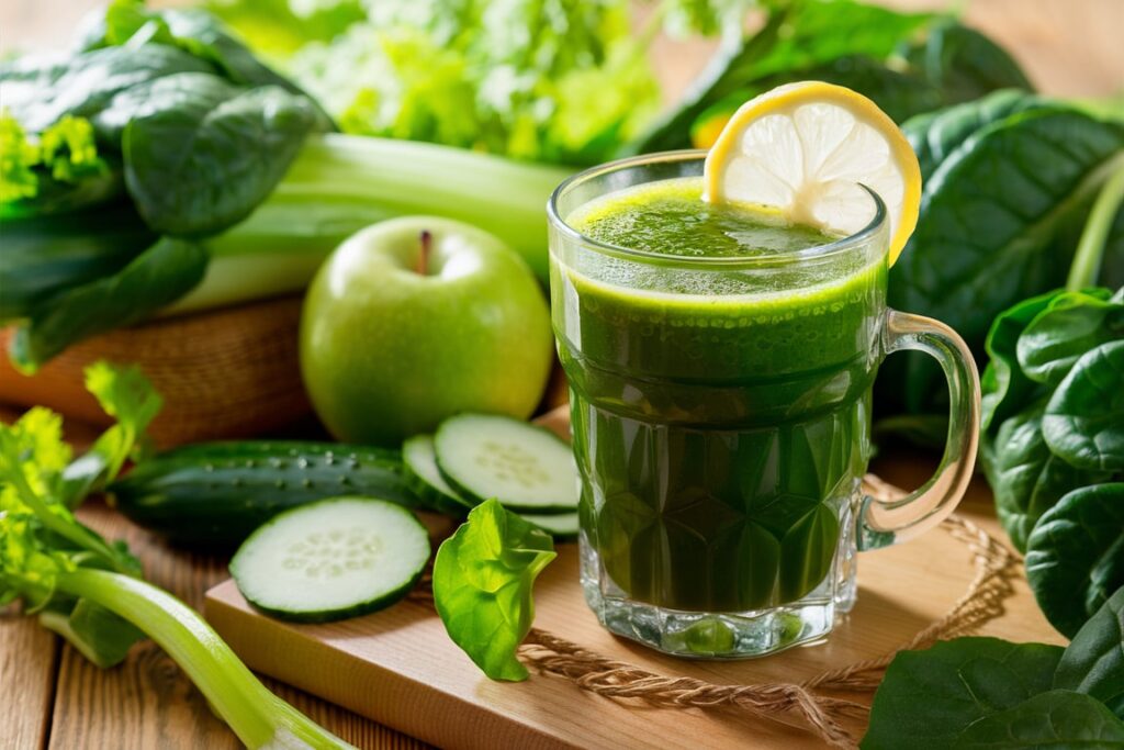 A glass of fresh Juicer Recipes made with spinach, cucumber, celery, and apple, garnished with a slice of lemon.