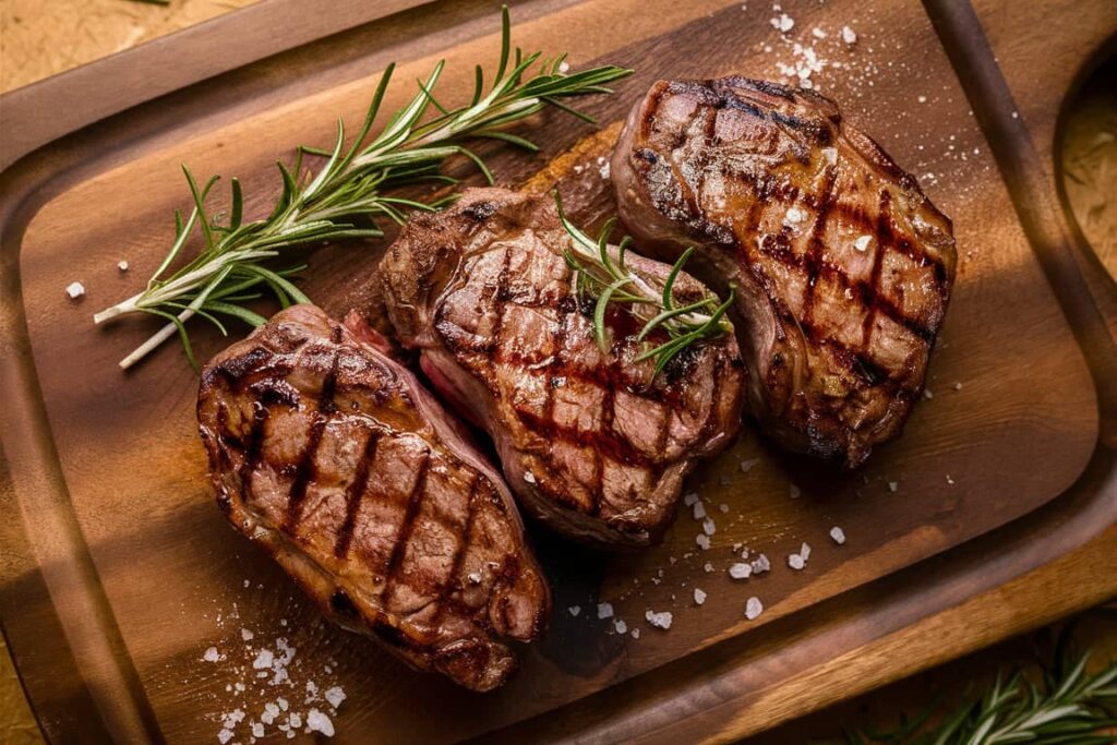 Grilled steaks with perfect crust and grill marks served on a cutting board