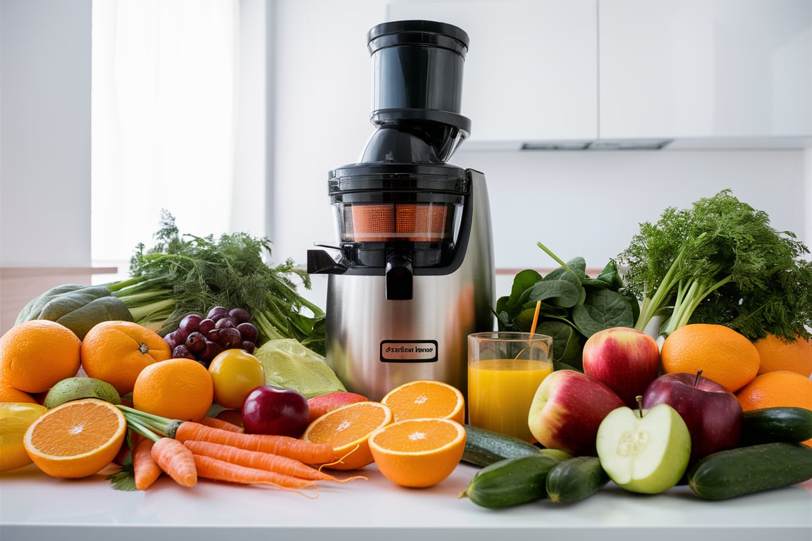 Juicer Recipes: A colorful assortment of fresh fruits and vegetables ready for juicing, including oranges, carrots, apples, and leafy greens.