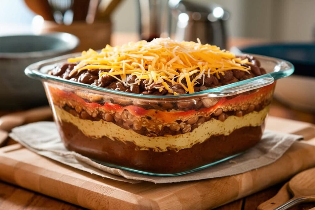 Close-up of layering taco dip recipe ingredients, with refried beans, cream cheese mixture, and shredded cheese in a clear dish.