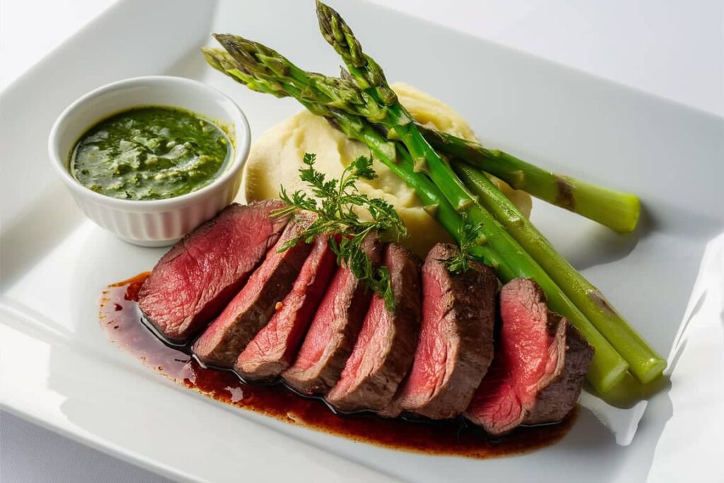 A steak dinner with sides of mashed potatoes, asparagus, and chimichurri sauce