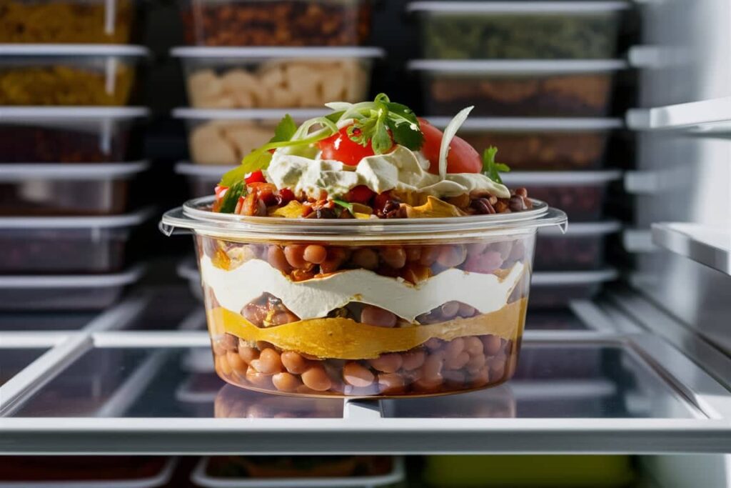 Leftover taco dip in an airtight container, placed in a refrigerator with organized shelves.