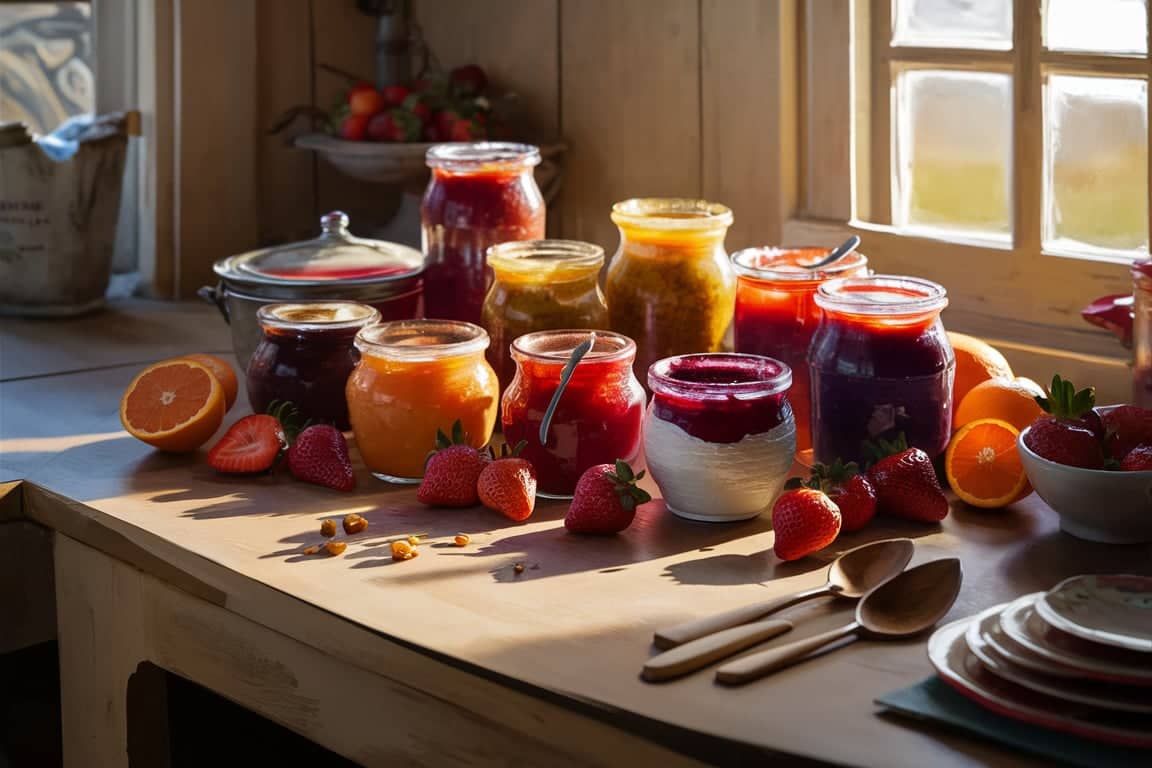 A selection of colorful jams and jellies made with Sure Jell in mason jars.