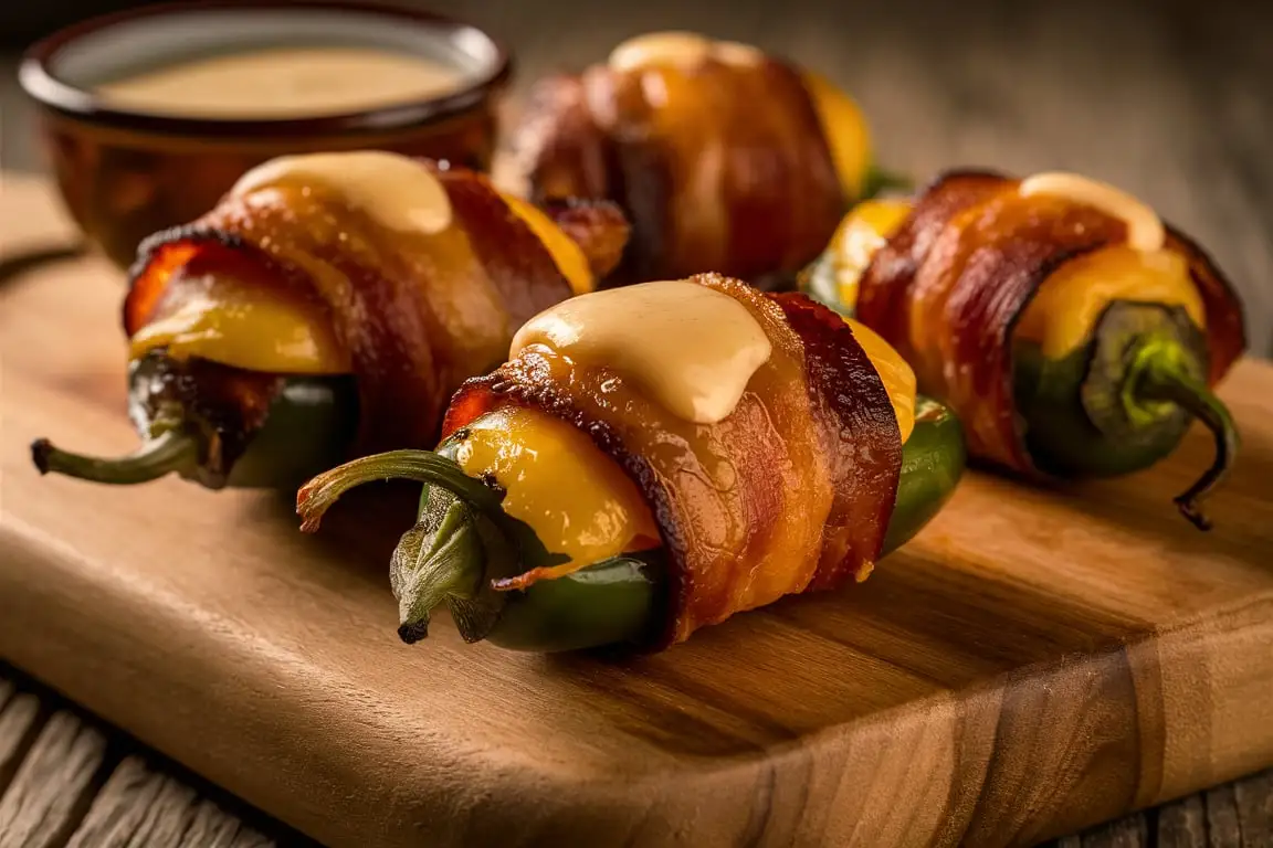Armadillo Eggs recipe – bacon-wrapped, cheese-stuffed jalapeños with sausage, served on a rustic wooden board.