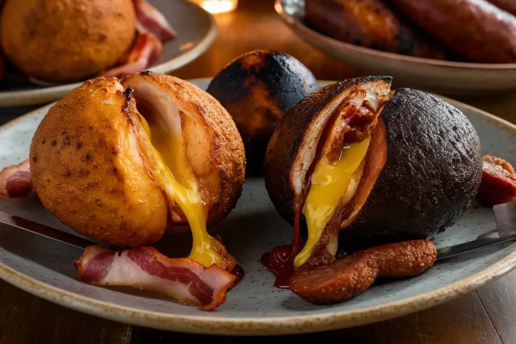 Side-by-side comparison of baked and smoked Armadillo Eggs, showing different textures.