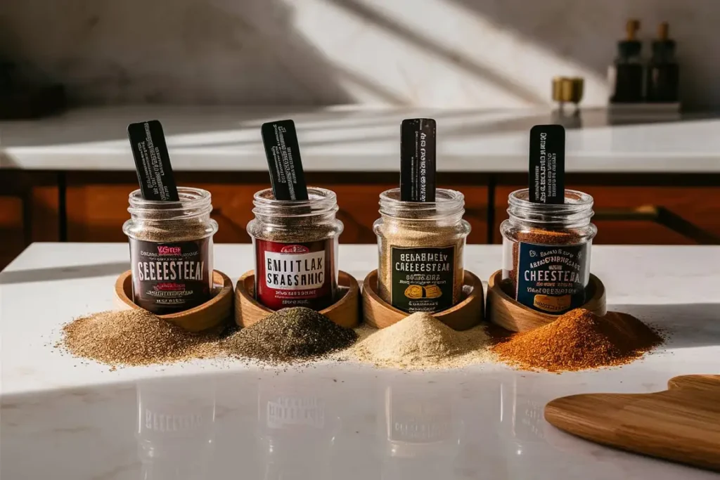 A side-by-side comparison of different store-bought Philly cheesesteak seasoning brands in clear spice jars.