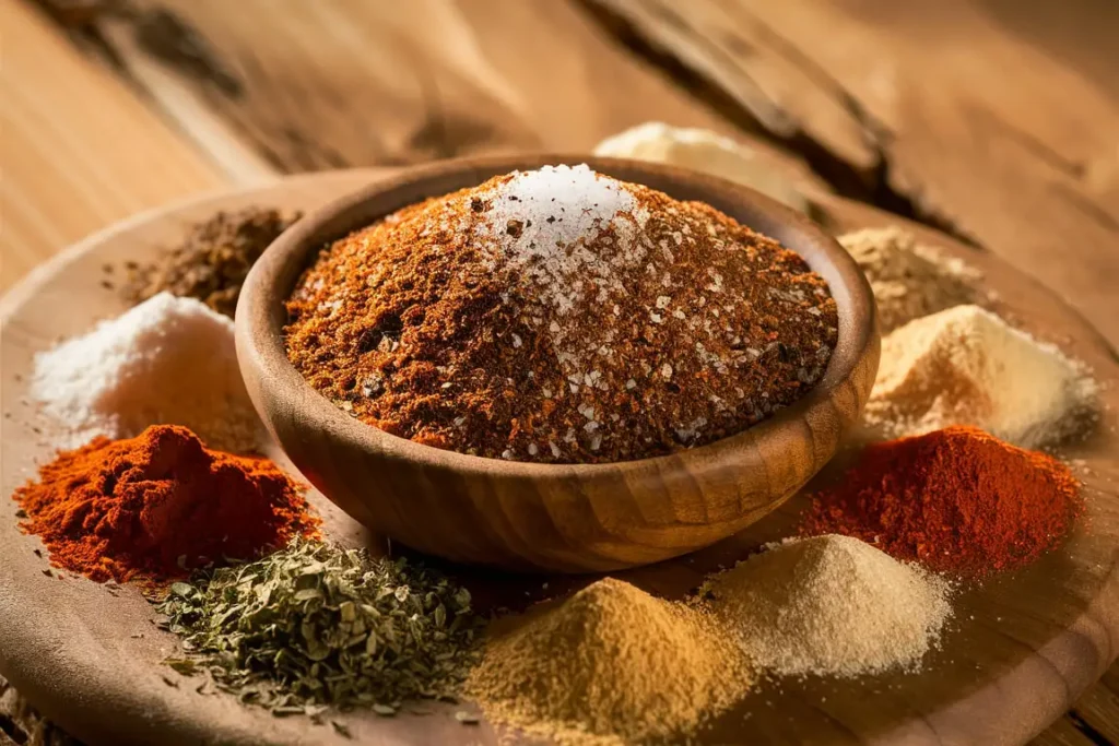 A homemade Philly cheesesteak seasoning blend in a small wooden bowl with fresh ingredients around it.