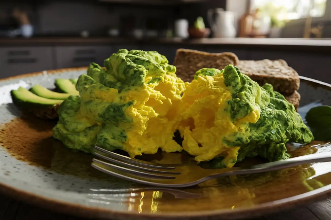 Green eggs recipe plated with fresh herbs and toast