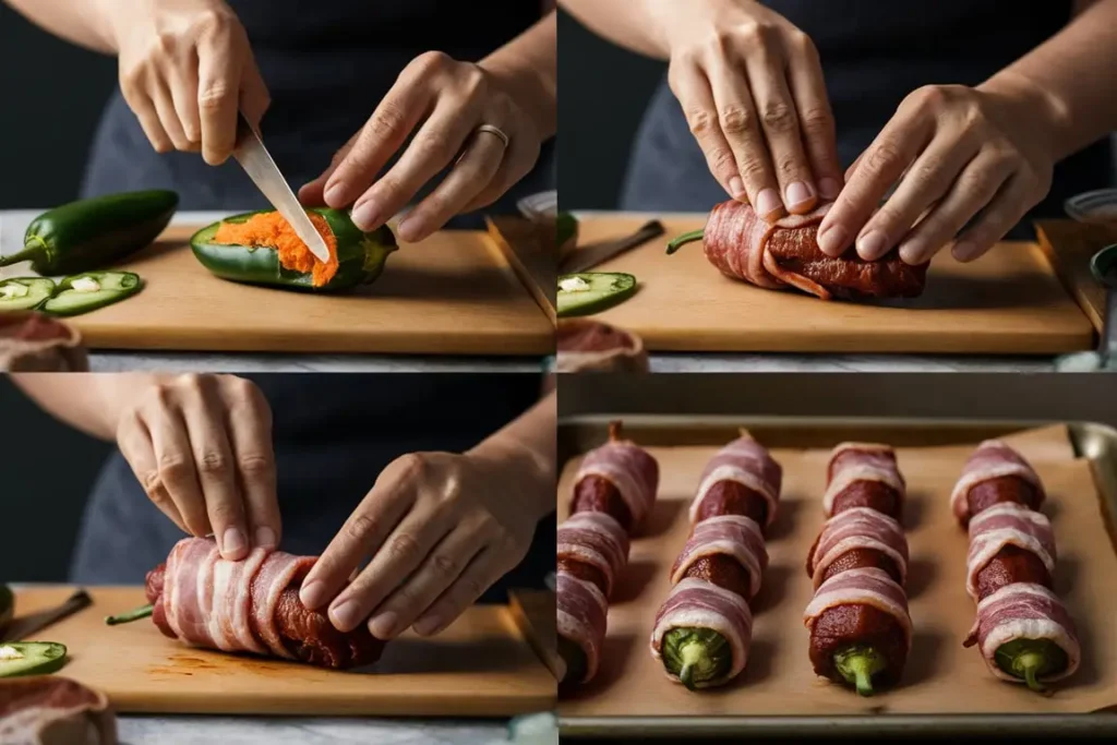 Step-by-step preparation of Armadillo Eggs – stuffing, wrapping, and rolling process.