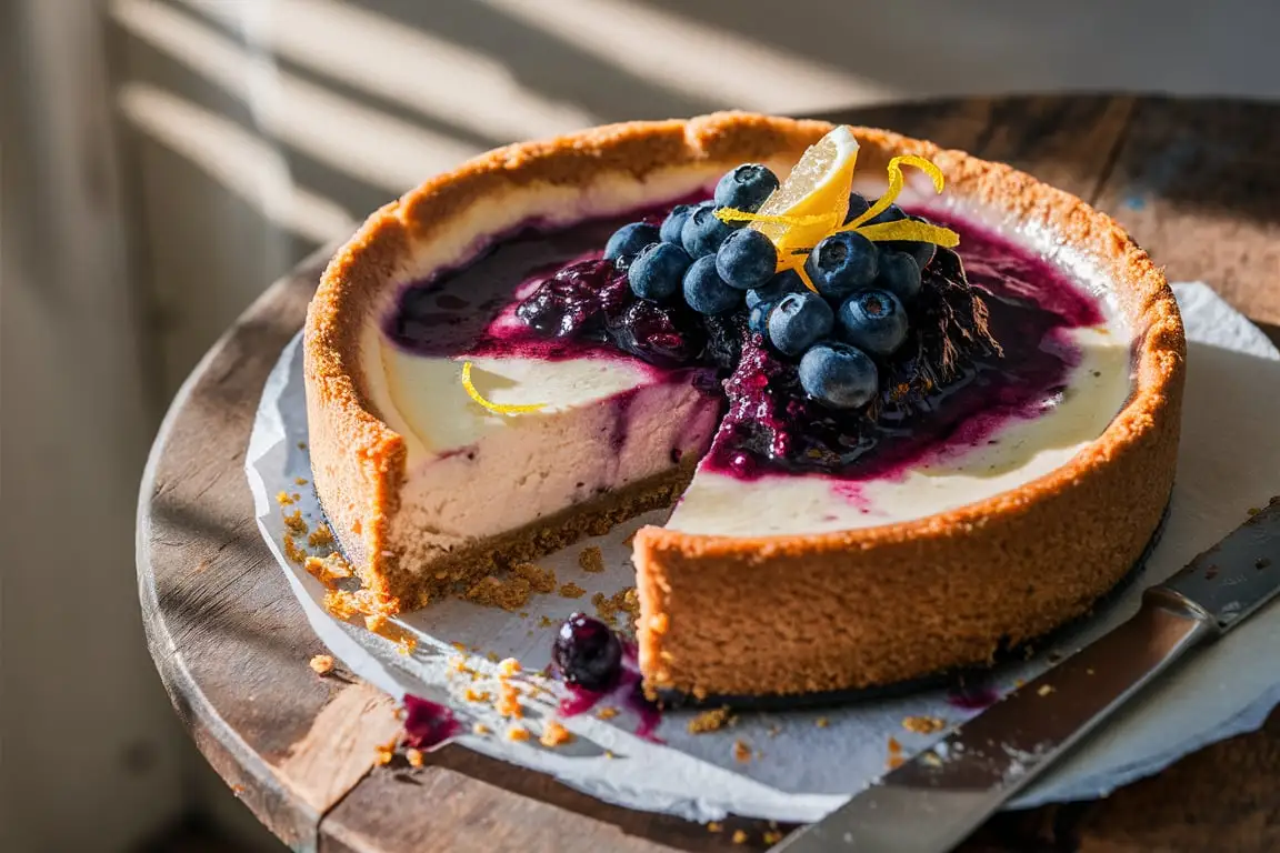 Lemon Blueberry Cheesecake with fresh blueberries and lemon zest on a rustic table