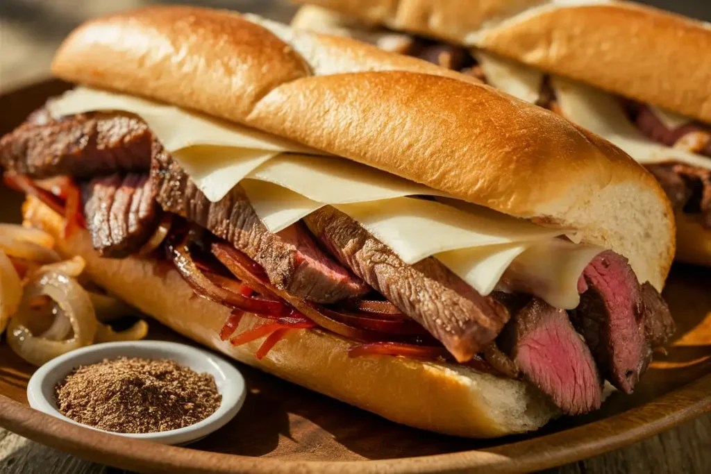 A freshly made Philly cheesesteak with seasoned ribeye and melted cheese on a toasted hoagie roll.