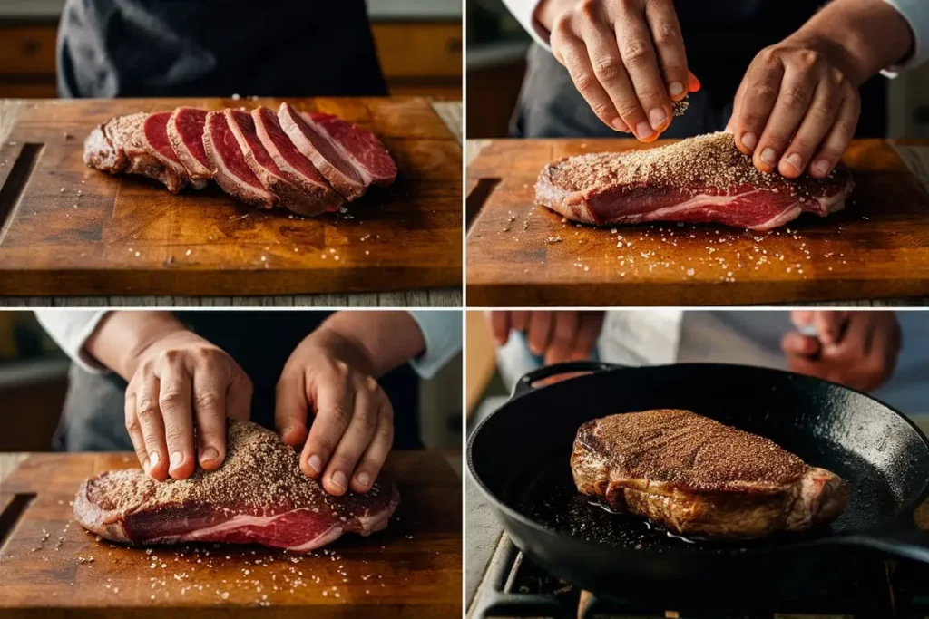 A series of four steps showing how to season and prepare ribeye steak for an authentic Philly cheesesteak.