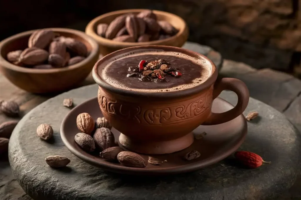 Mayan hot chocolate in a clay mug
