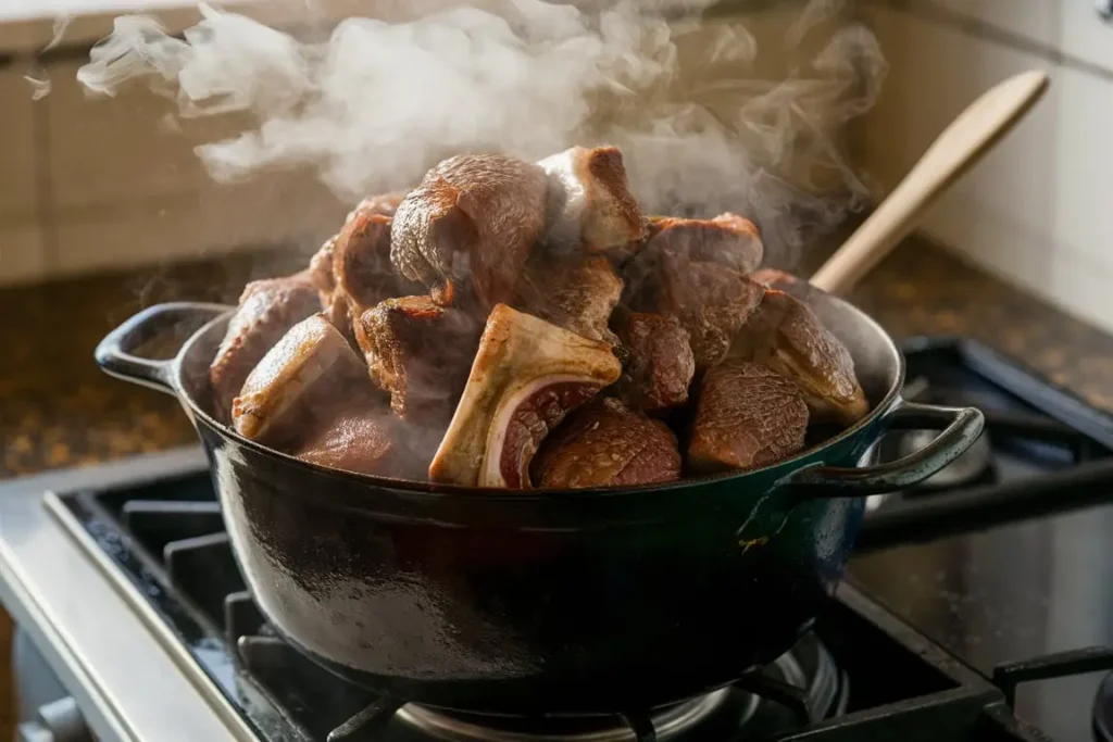 Overcrowded pot with braised oxtail, leading to improper searing