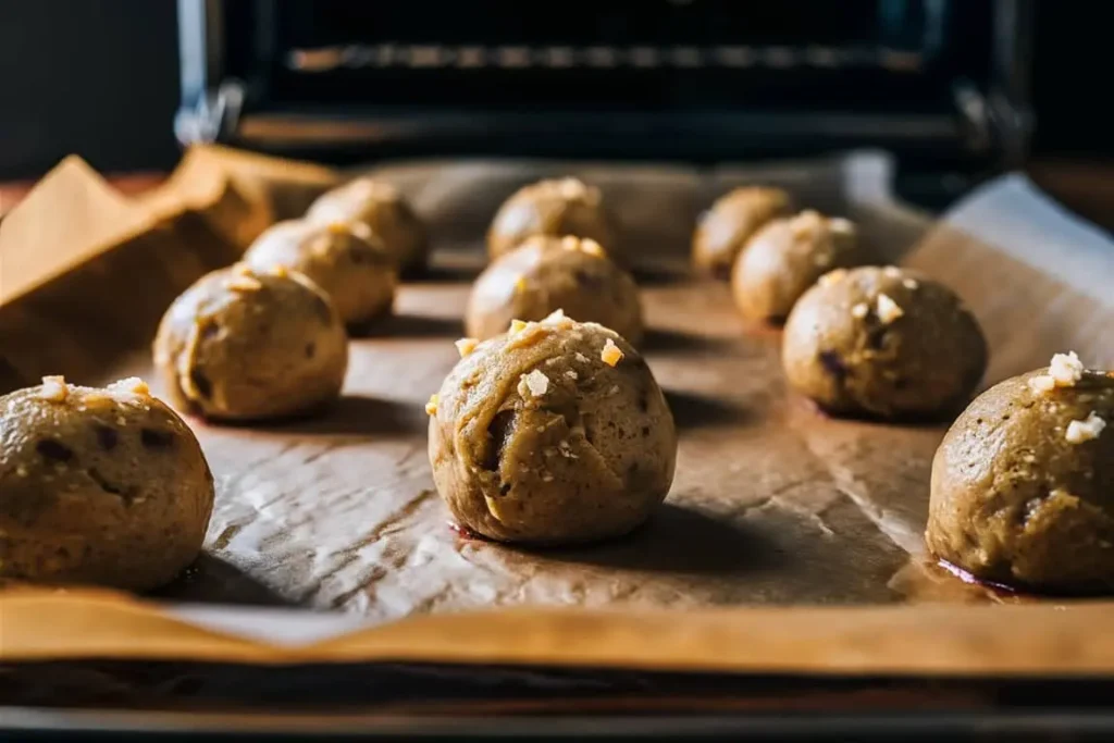 Unbaked banana pudding cookie dough balls on a parchment-lined baking sheet, ready for the oven.