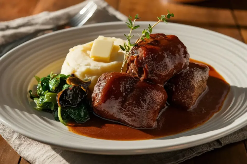 A plate of braised oxtail with mashed potatoes and sautéed greens.