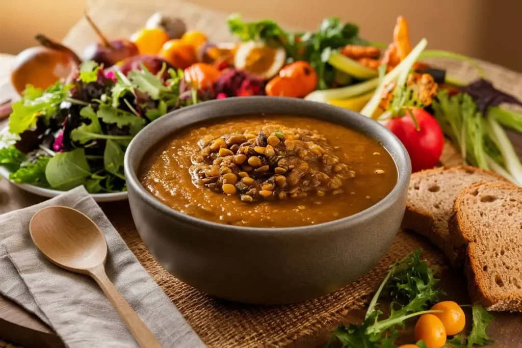 Lentil soup served with whole-grain bread, salad, and roasted vegetables for a balanced meal.