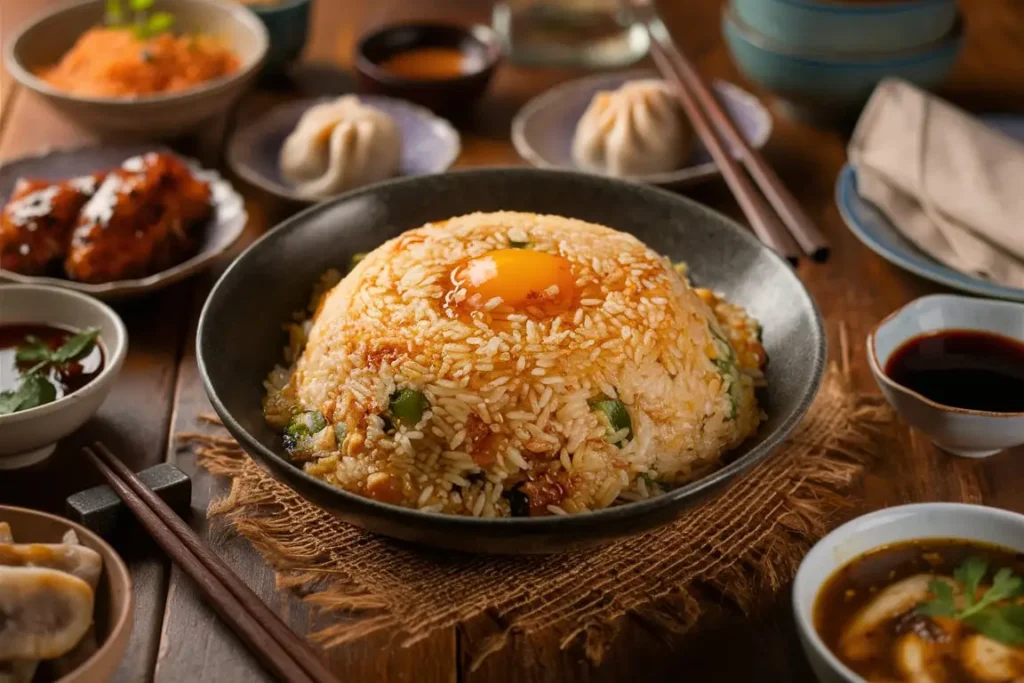 A meal spread featuring egg fried rice, teriyaki chicken, and steamed dumplings on a wooden dining table.