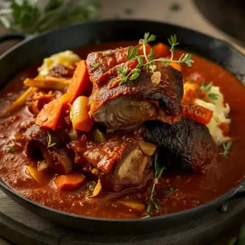 Braised Oxtail simmered in a rich, flavorful sauce with fresh herbs and vegetables.