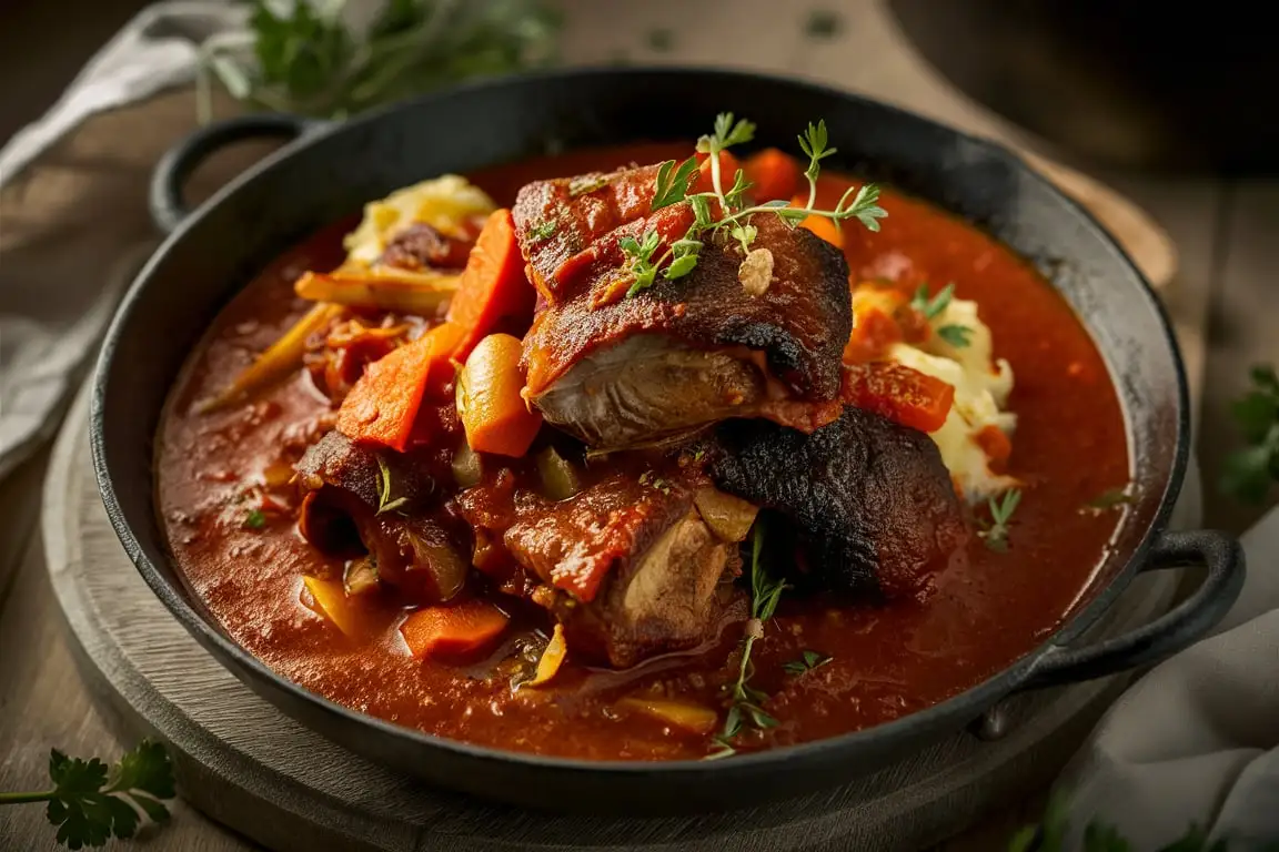 Braised Oxtail simmered in a rich, flavorful sauce with fresh herbs and vegetables.