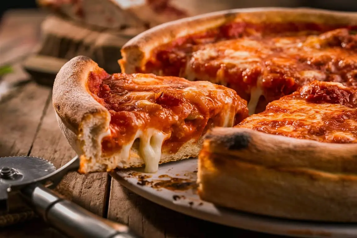 Close-up of a freshly baked Chicago-style deep dish pizza with golden crust, gooey melted cheese, and rich tomato sauce.