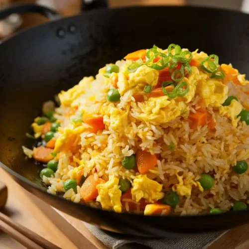 A steaming hot wok filled with golden-brown egg fried rice, garnished with green onions and sesame seeds.