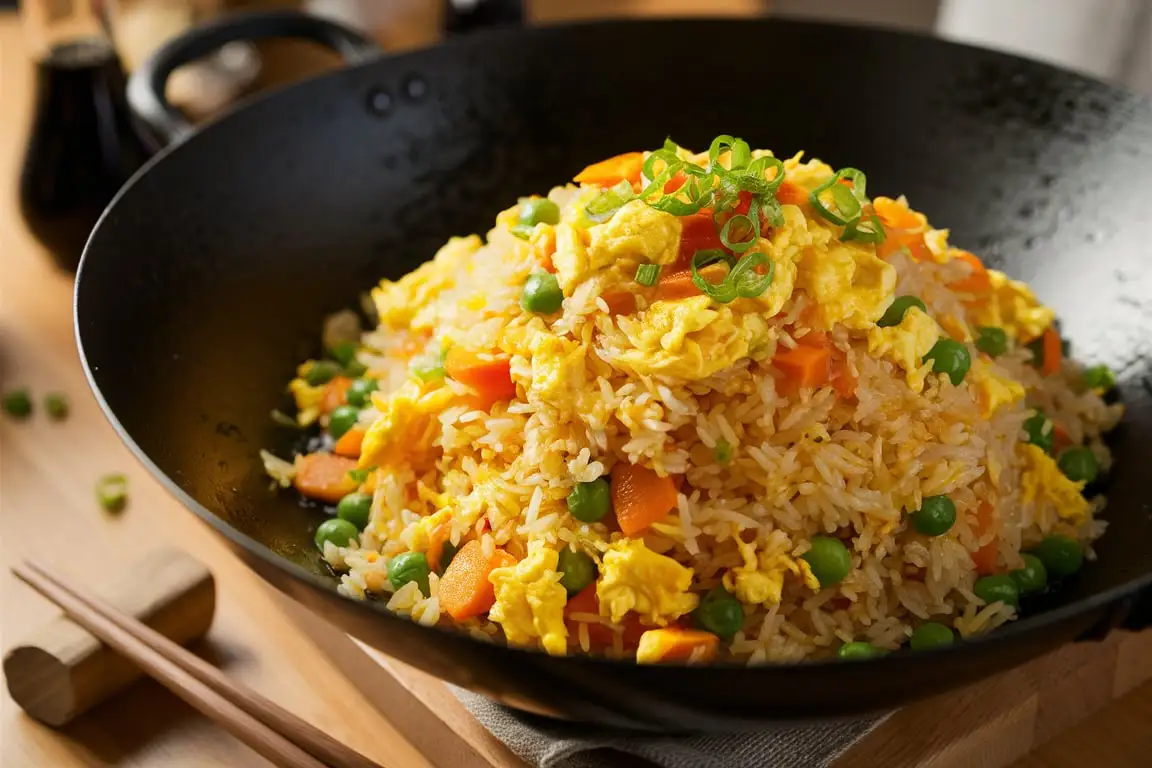 A steaming hot wok filled with golden-brown egg fried rice, garnished with green onions and sesame seeds.