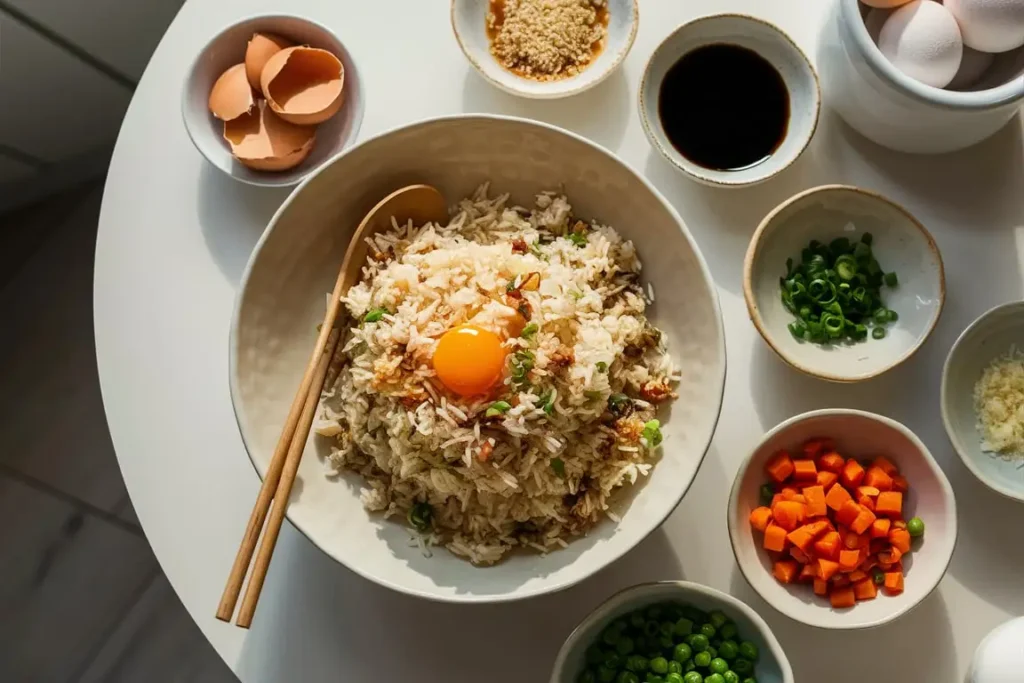 Fresh ingredients for egg fried rice, including rice, eggs, soy sauce, green onions, garlic, and vegetables, arranged neatly on a countertop.