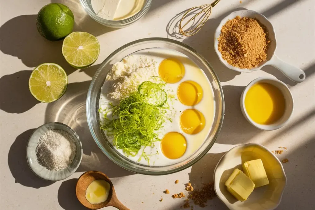 Fresh key limes, graham crackers, and condensed milk arranged for Key Lime Pie Bars.