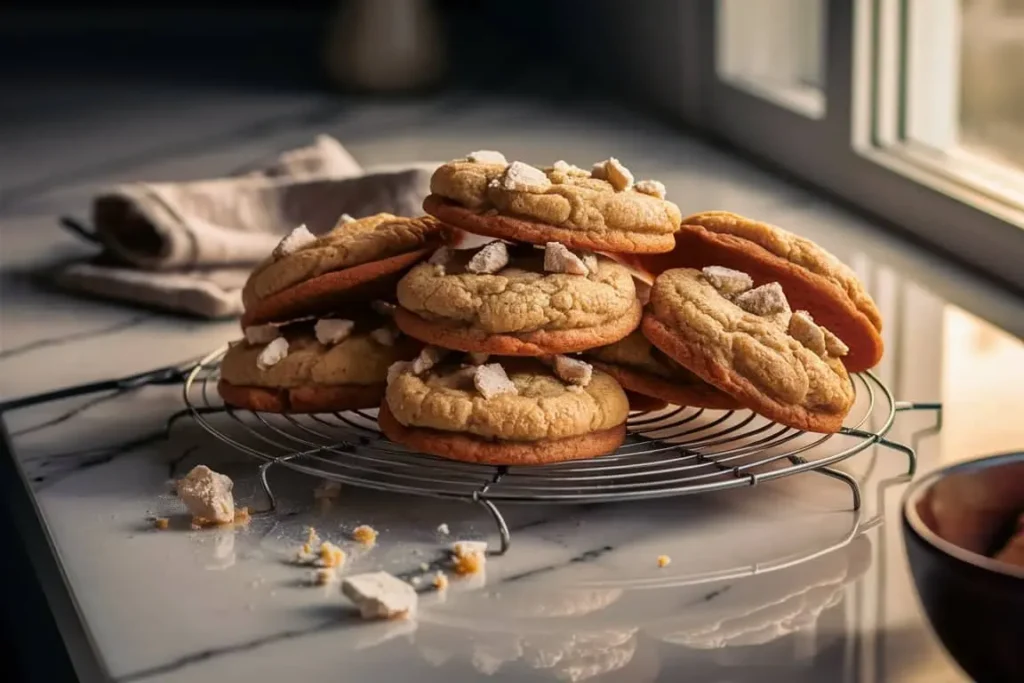 Warm banana pudding cookies cooling on a wire rack, with visible vanilla wafer crumbles.