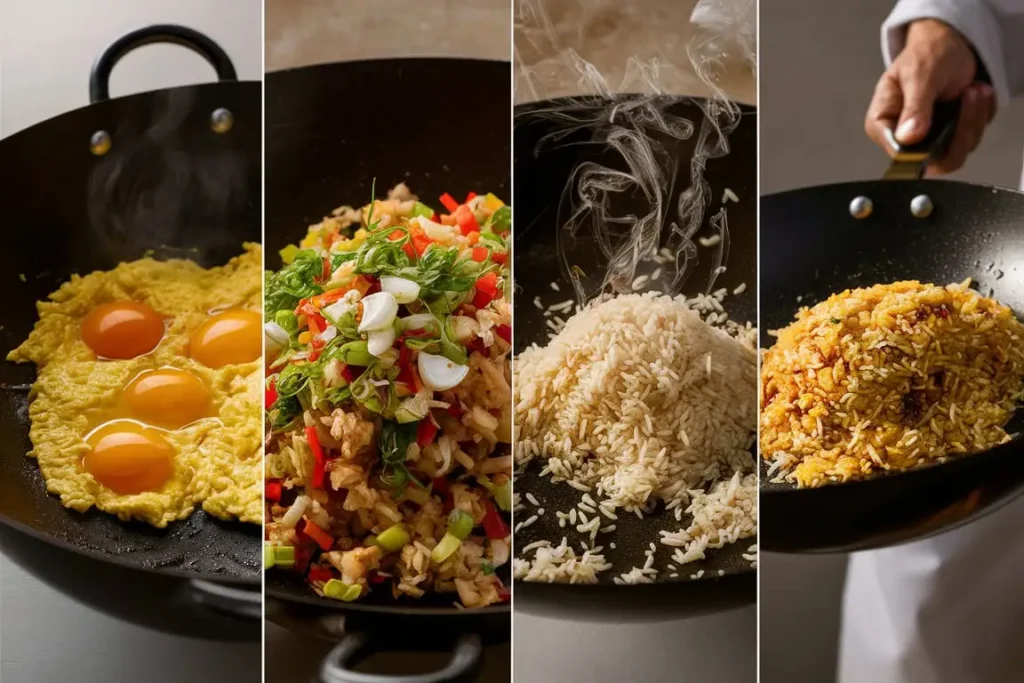 Four stages of cooking egg fried rice, from scrambling eggs to stir-frying rice in a wok, captured in a single frame.