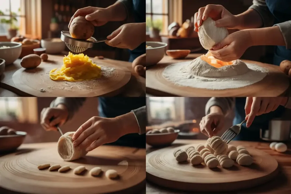 Step-by-step process of making gnocchi from potatoes to shaped dumplings